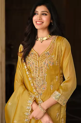 Mustard embroidered silk blend kurta trouser dupatta set