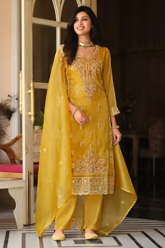 Mustard embroidered silk blend kurta trouser dupatta set