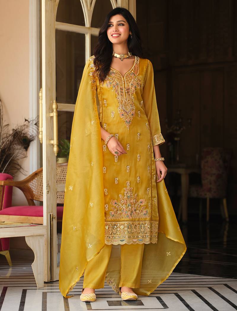 Mustard embroidered silk blend kurta trouser dupatta set