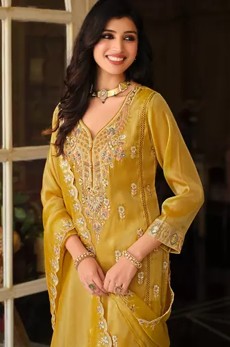 Mustard embroidered silk blend kurta trouser dupatta set