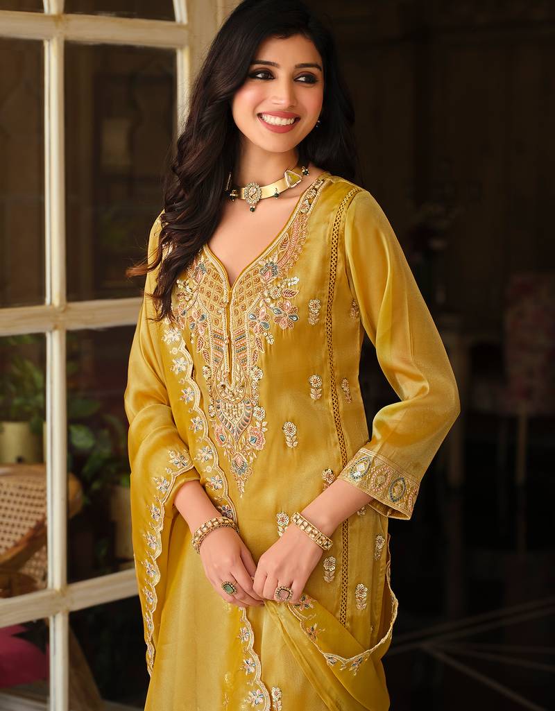 Mustard embroidered silk blend kurta trouser dupatta set