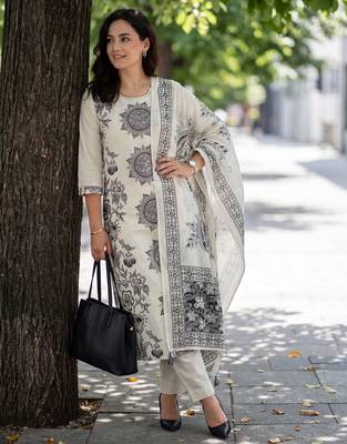 Off white printed pure cotton kurta trouser dupatta set 1