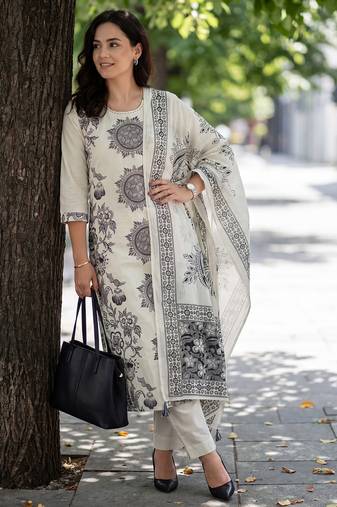 Off white printed pure cotton kurta trouser dupatta set