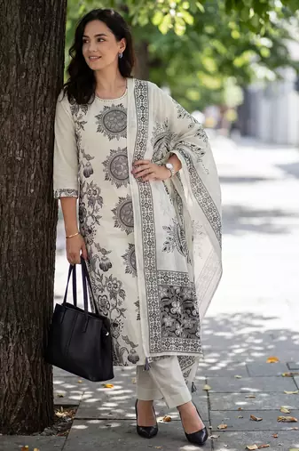Off white printed pure cotton kurta trouser dupatta set