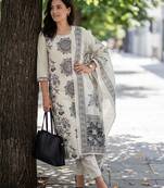 Off white printed pure cotton kurta trouser dupatta set