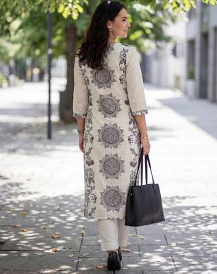 Off white printed pure cotton kurta trouser dupatta set 2