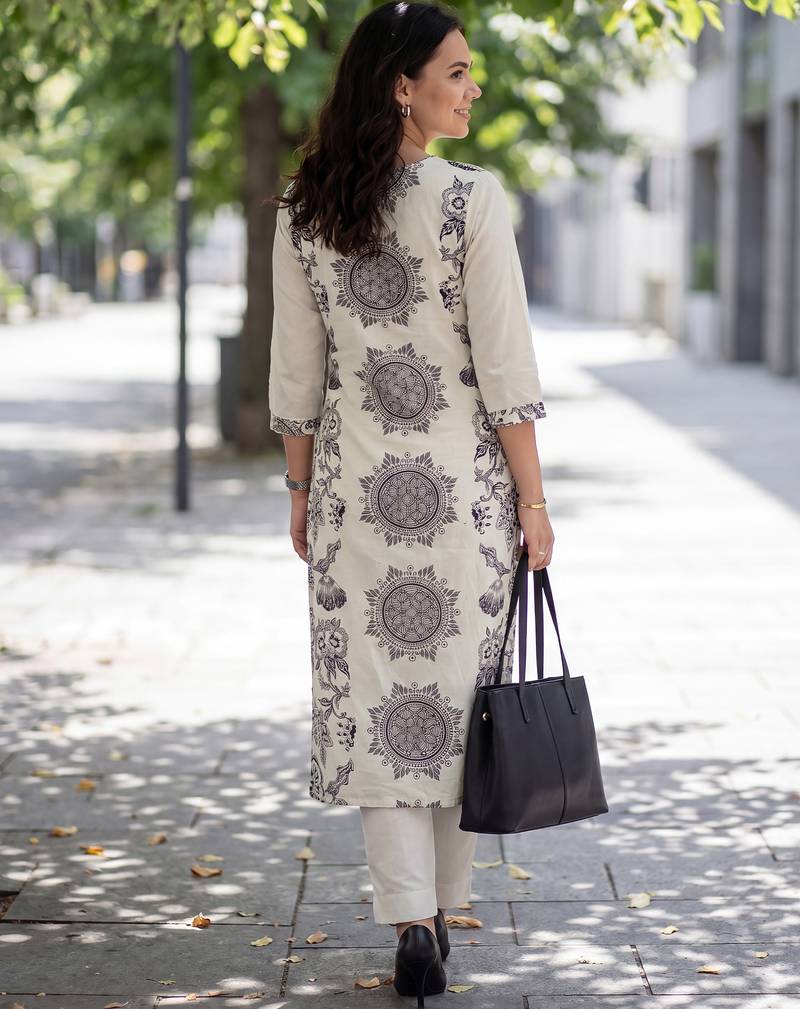Off white printed pure cotton kurta trouser dupatta set
