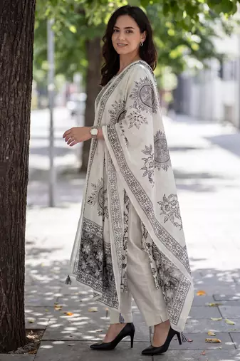 Off white printed pure cotton kurta trouser dupatta set
