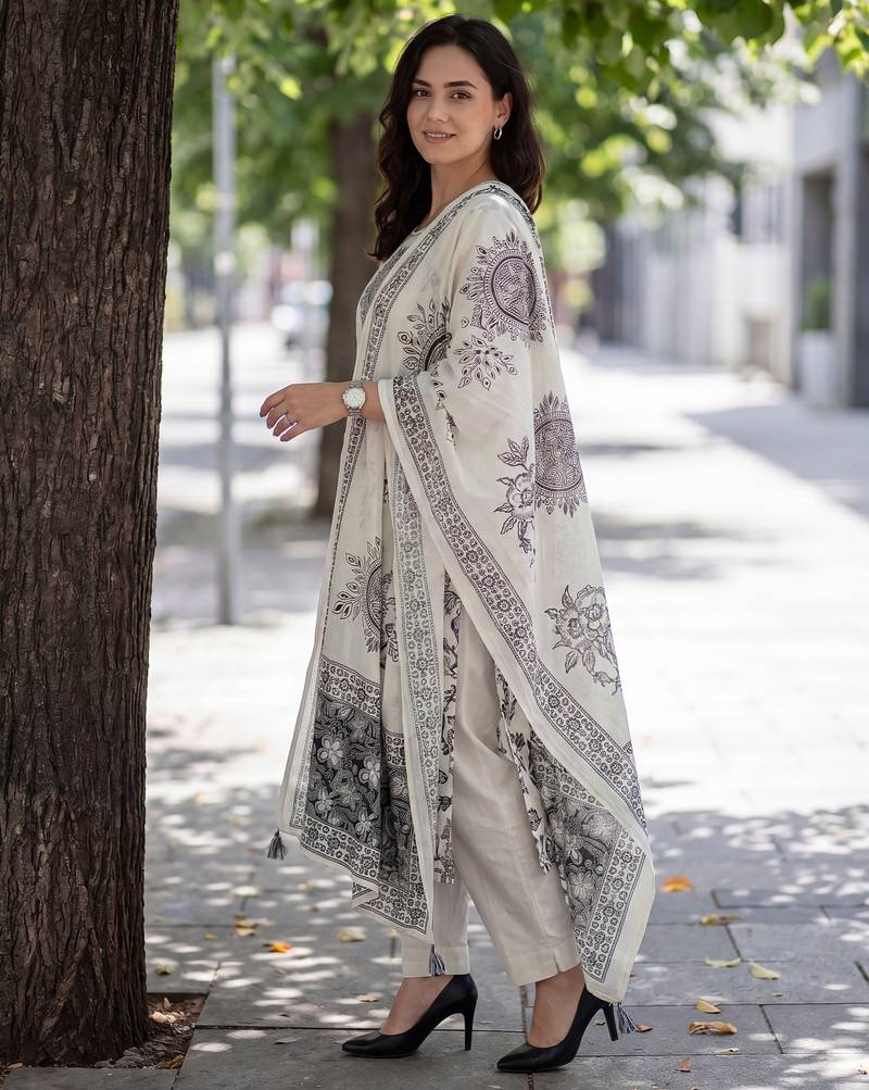 Off white printed pure cotton kurta trouser dupatta set