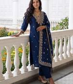 Blue embroidered silk blend kurta trouser dupatta set