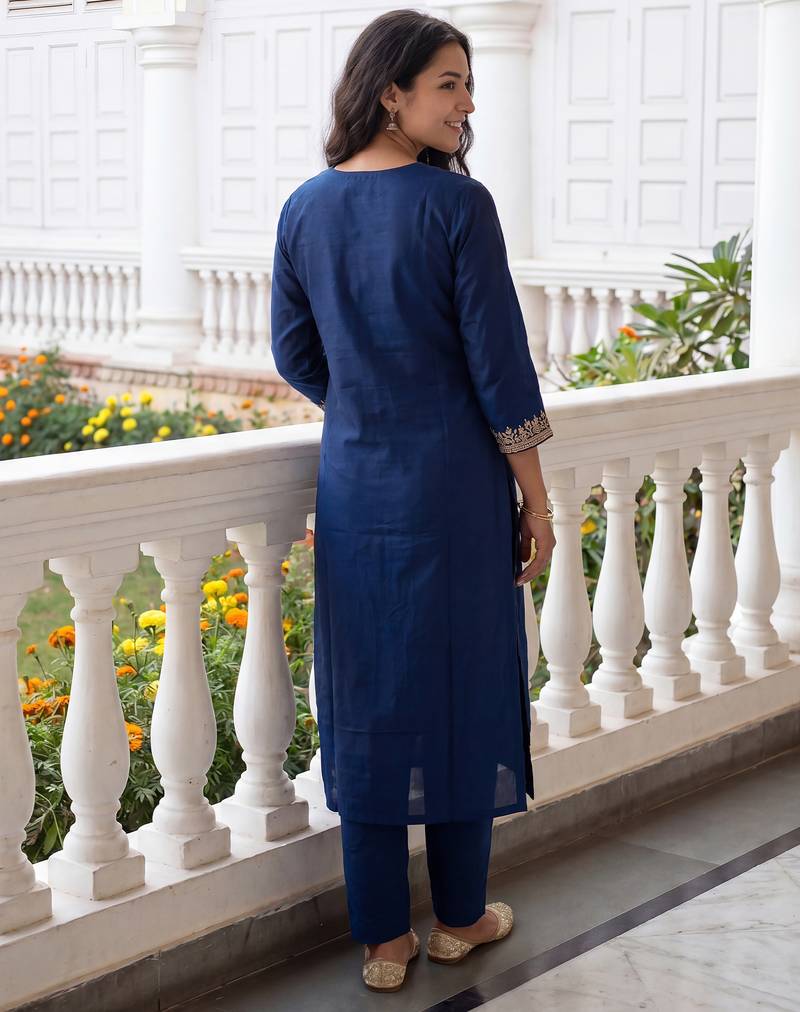 Blue embroidered silk blend kurta trouser dupatta set
