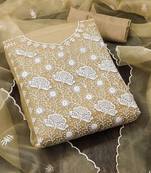 Beige & White Embroidered Organza Unstitched Dress Material