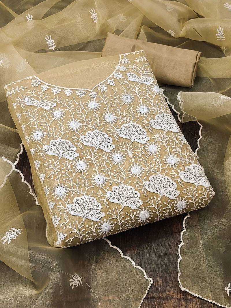 Beige & White Embroidered Organza Unstitched Dress Material