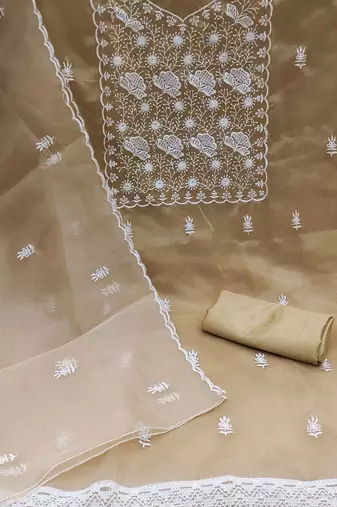Beige & White Embroidered Organza Unstitched Dress Material
