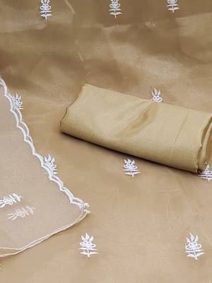 Beige & White Embroidered Organza Unstitched Dress Material 4