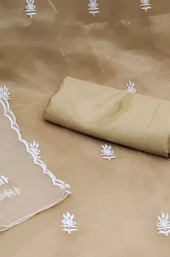 Beige & White Embroidered Organza Unstitched Dress Material