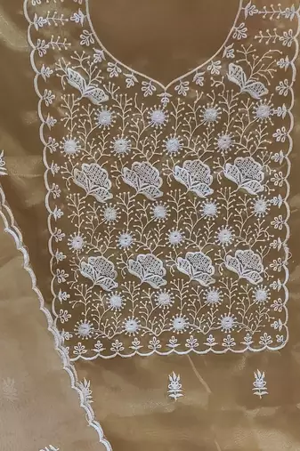 Beige & White Embroidered Organza Unstitched Dress Material