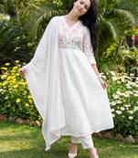 Off white embroidered pure cotton kurta trouser dupatta set