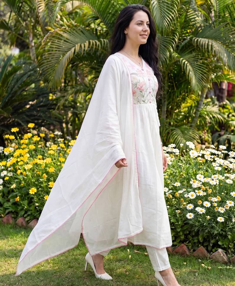 Off white embroidered pure cotton kurta trouser dupatta set