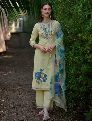 Yellow embroidered pure cotton kurta trouser dupatta set 1
