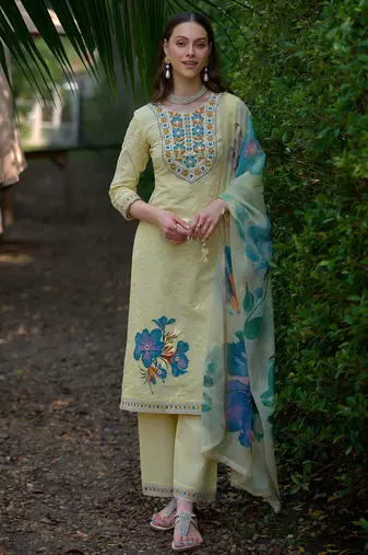 Yellow embroidered pure cotton kurta trouser dupatta set