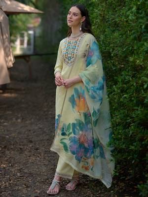 Yellow embroidered pure cotton kurta trouser dupatta set 3