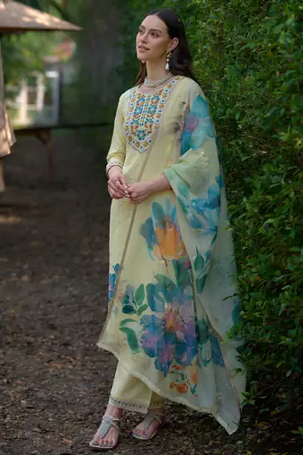 Yellow embroidered pure cotton kurta trouser dupatta set