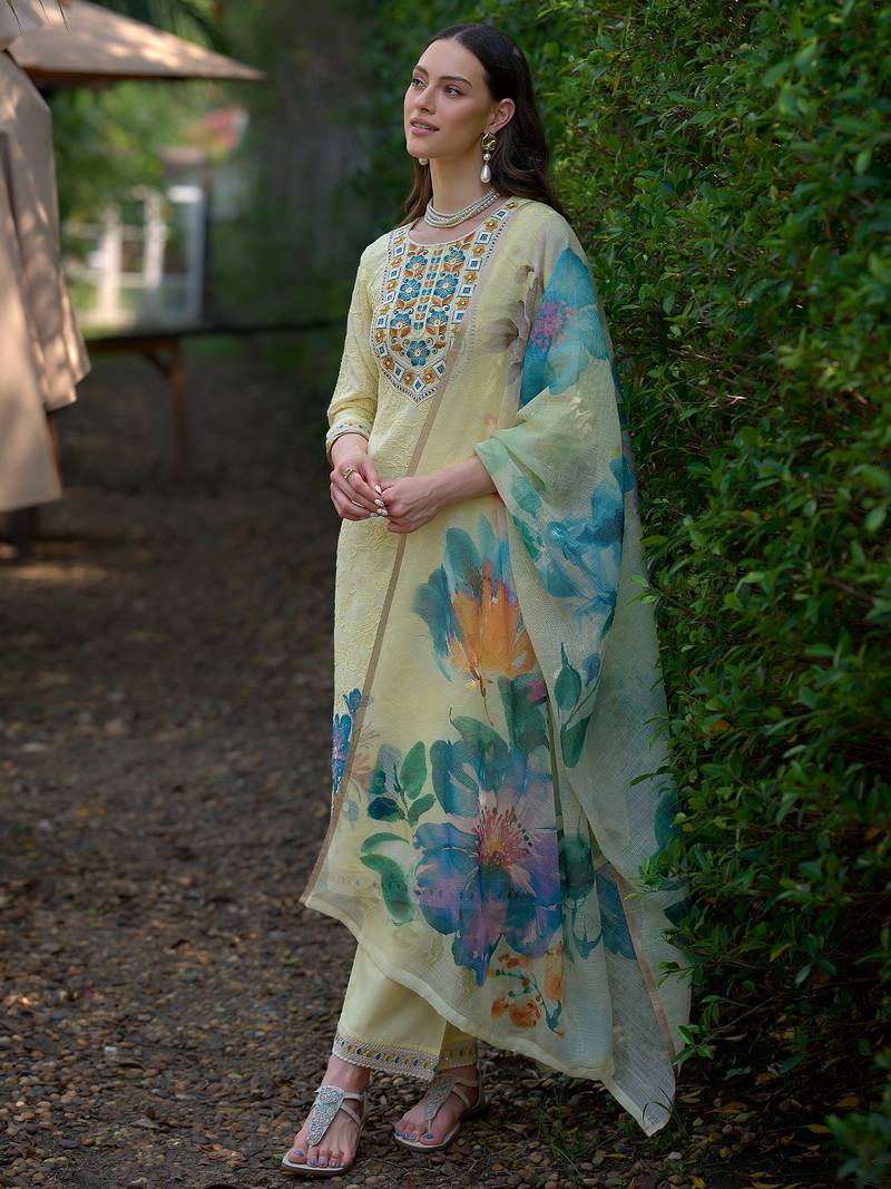 Yellow embroidered pure cotton kurta trouser dupatta set