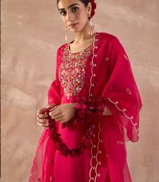 Pink embroidered silk blend kurta trouser dupatta set