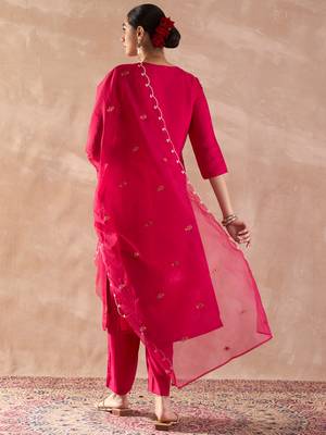 Pink embroidered silk blend kurta trouser dupatta set 2