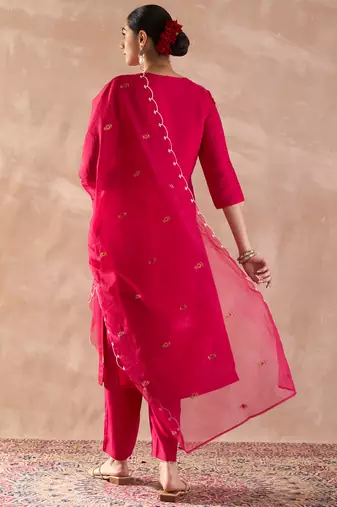 Pink embroidered silk blend kurta trouser dupatta set