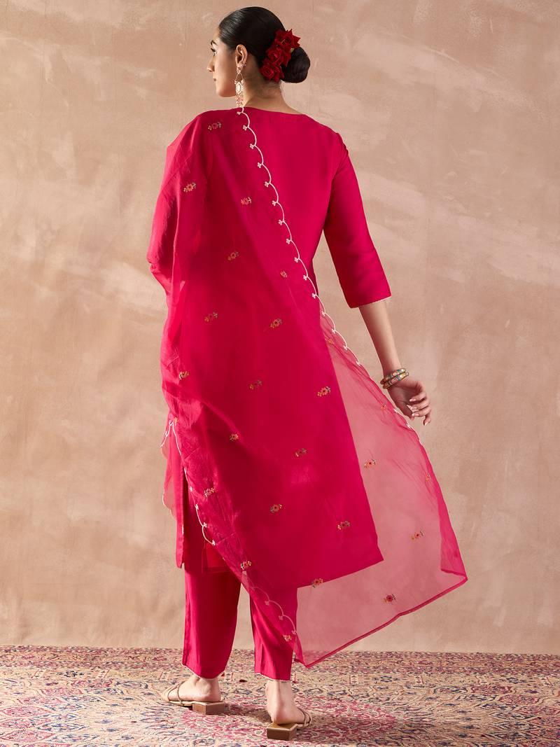 Pink embroidered silk blend kurta trouser dupatta set
