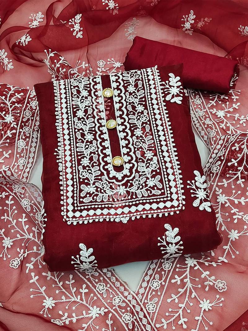 Floral Embroidered Organza Unstitched Dress Material