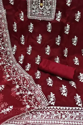 Floral Embroidered Organza Unstitched Dress Material