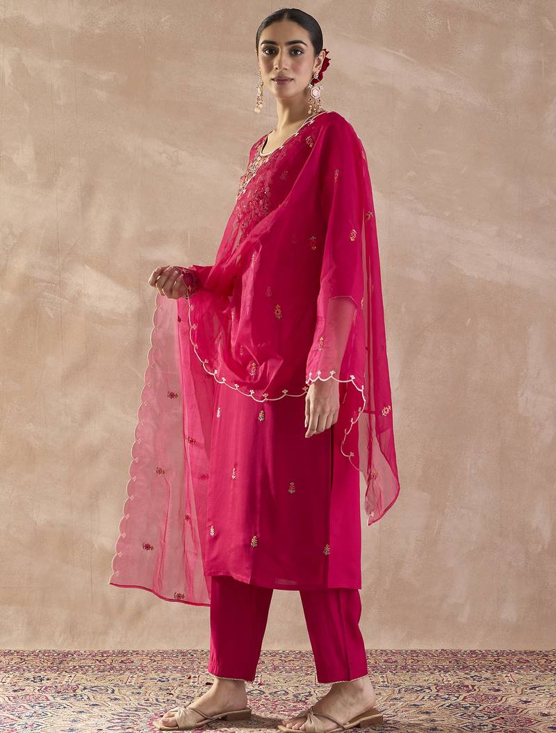 Pink embroidered silk blend kurta trouser dupatta set