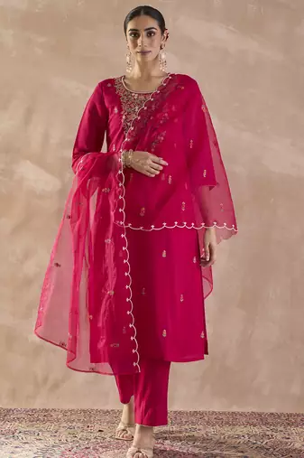 Pink embroidered silk blend kurta trouser dupatta set