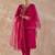 Pink embroidered silk blend kurta trouser dupatta set