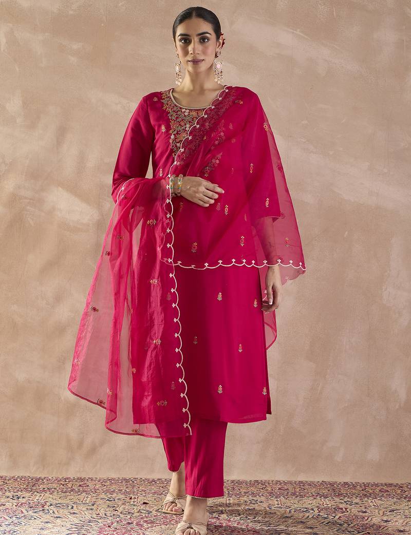 Pink embroidered silk blend kurta trouser dupatta set