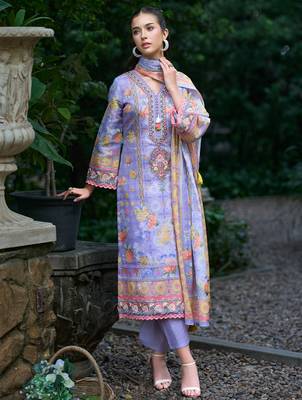 Purple printed linen kurta trouser dupatta set 1