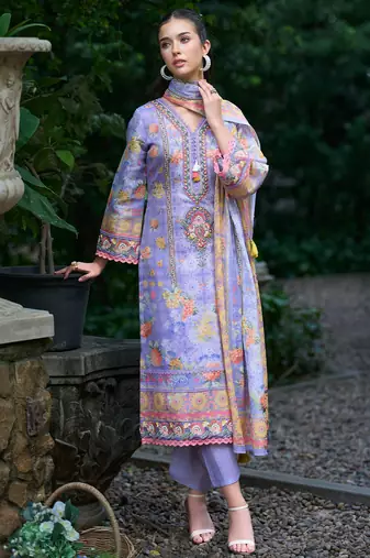 Purple printed linen kurta trouser dupatta set