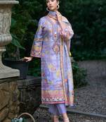Purple printed linen kurta trouser dupatta set
