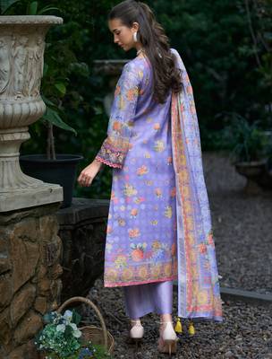 Purple printed linen kurta trouser dupatta set 2