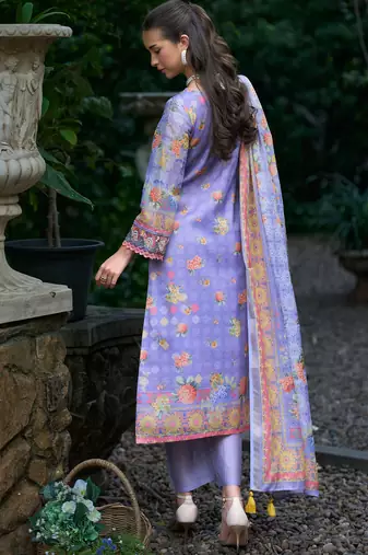 Purple printed linen kurta trouser dupatta set
