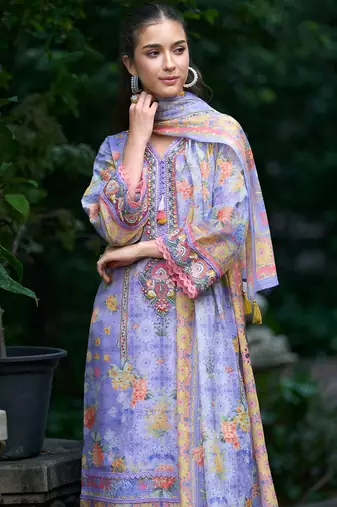 Purple printed linen kurta trouser dupatta set