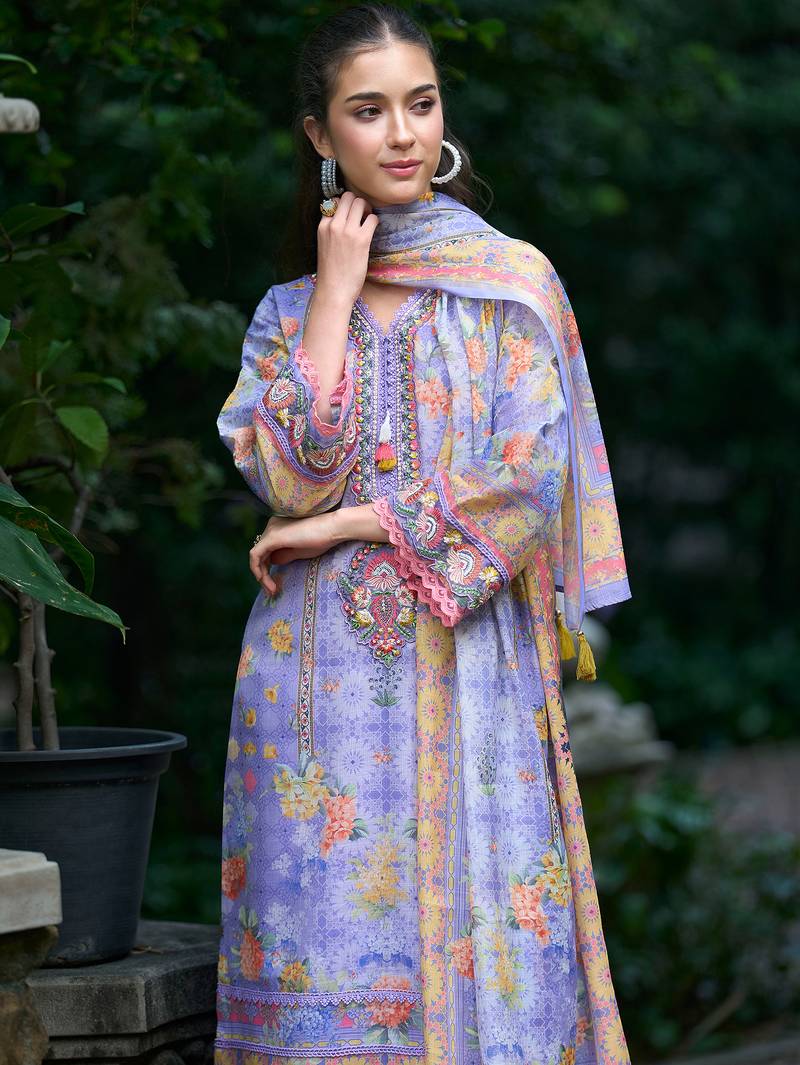 Purple printed linen kurta trouser dupatta set