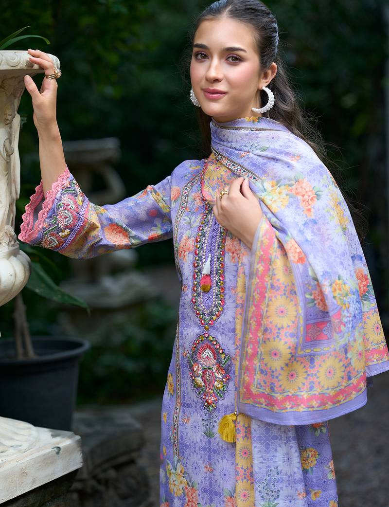 Purple printed linen kurta trouser dupatta set