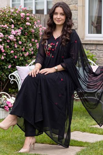 Black embroidered pure cotton kurta trouser dupatta set