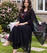 Black embroidered pure cotton kurta trouser dupatta set