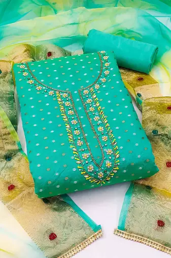 Green & Gold-Toned Unstitched Dress Material