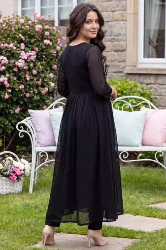 Black embroidered pure cotton kurta trouser dupatta set